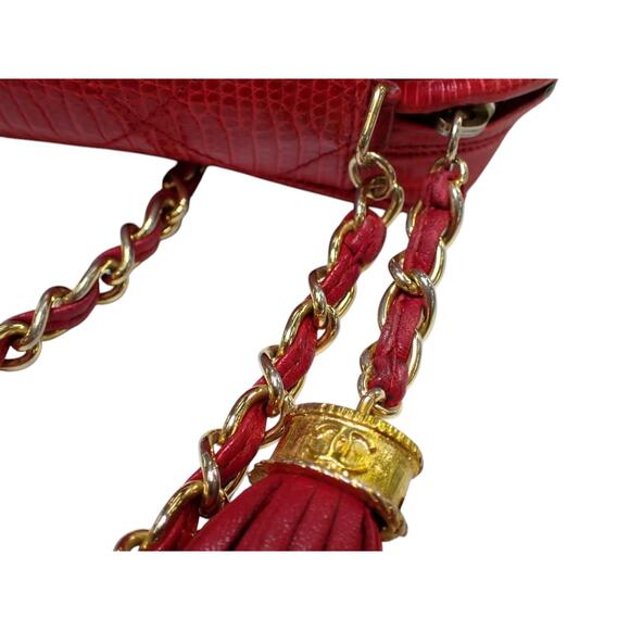 Chanel Lizard Camera Bag Vintage Tassel CC Exotic Red/Gold Rare Shoulder Leather - Picture 10 of 13